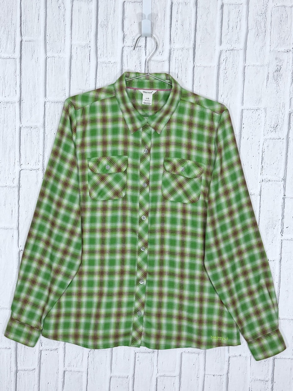 💚 Marmot Green Plaid Long Sleeve Hiking Shirt Large Outdoor Button Down